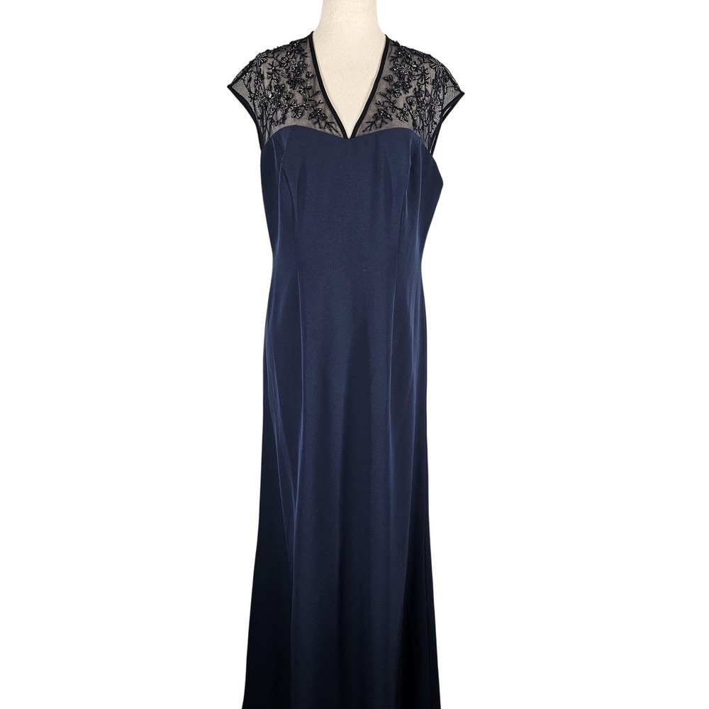 David's Bridal Dress Womens 10 Navy Blue Beaded Illusion Formal Maxi Gown F21186